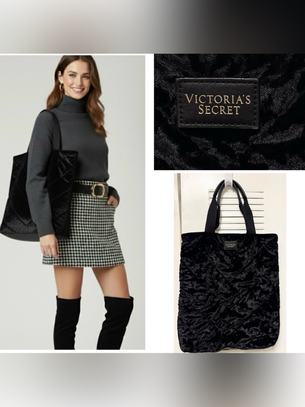 VICTORIA'S SECRET Velvet Black Quilted Tote Bag
